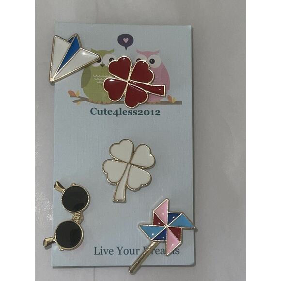 Lot Of 5 Pins Brooches Pin 4 Leaf Clover Paper Plane Glasses Pin Wheel - Picture 1 of 1